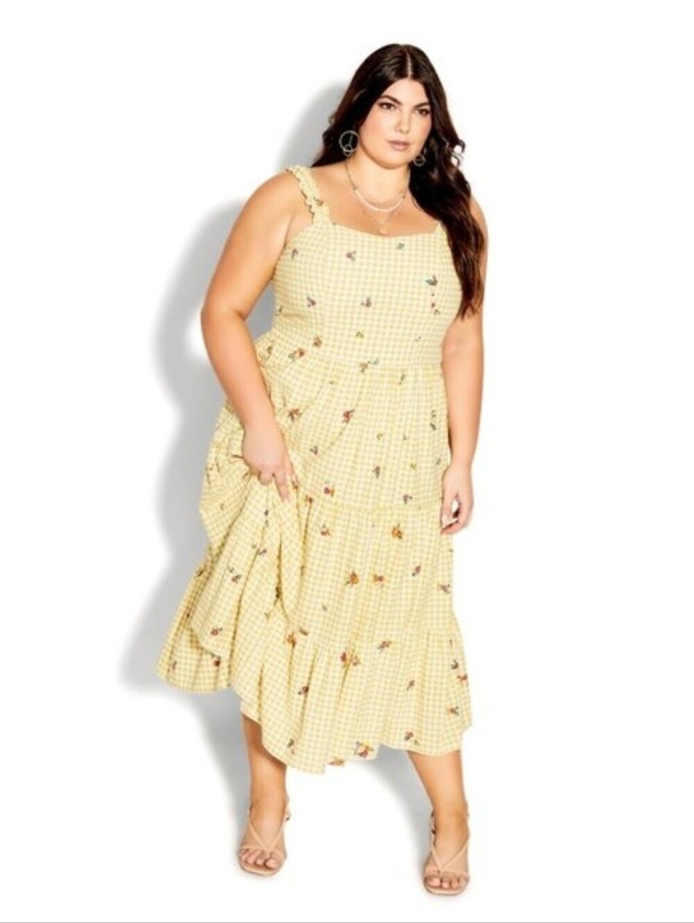 City Chic Dress Miranda Yellow Gingham Floral Tiered Dress M (18) New!